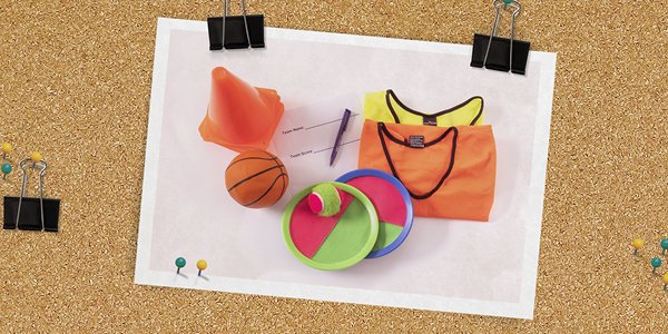 Sports kit including neon vests, training cones, a mini-basketball, velcro paddle ball set and a score sheet.